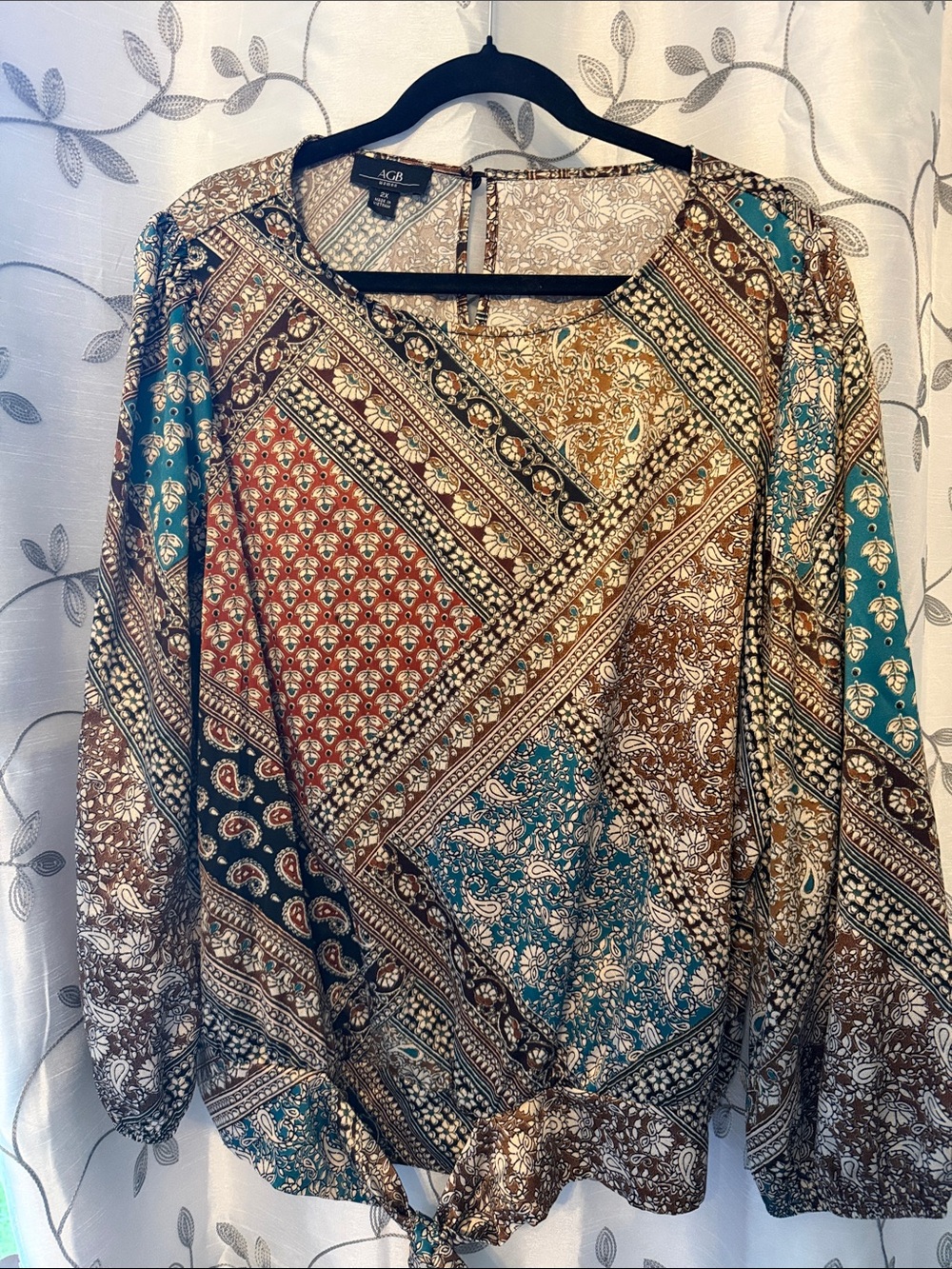 AGB Patchwork Print Tie-Hem Blouse in Teal, Brown and Rust